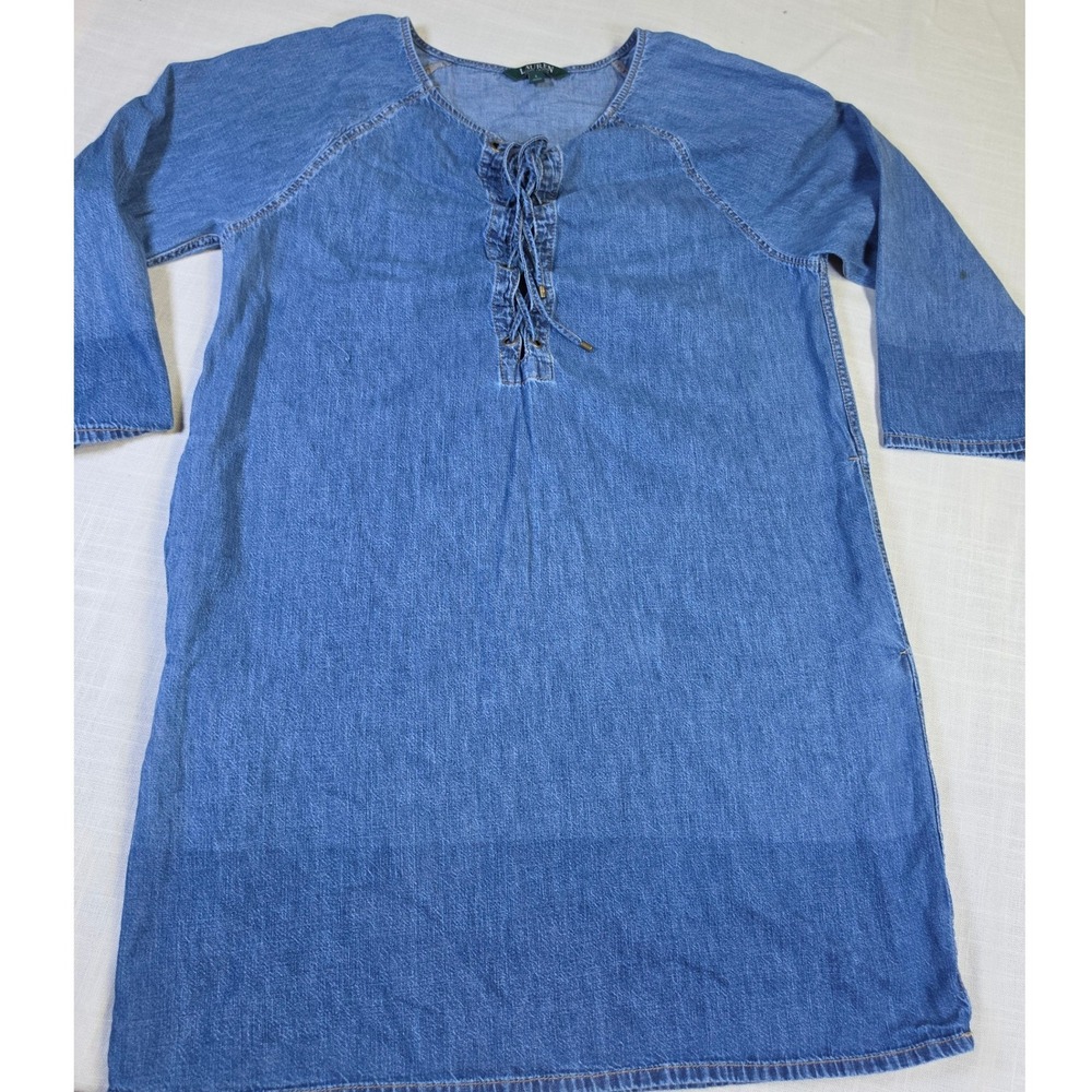 Lauren Ralph Lauren Denim Lace Up Tunic Dress Blue Cotton Raglan Sleeve Large